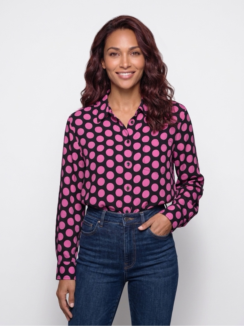 Michael Kors Black Pink Polka Dot Button Front Blouse Top Women’s Medium